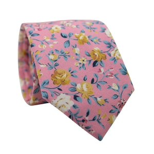 Pink Pansy Skinny Tie. Pink background with small gold flowers and dusty sage blue leaves throughout. 