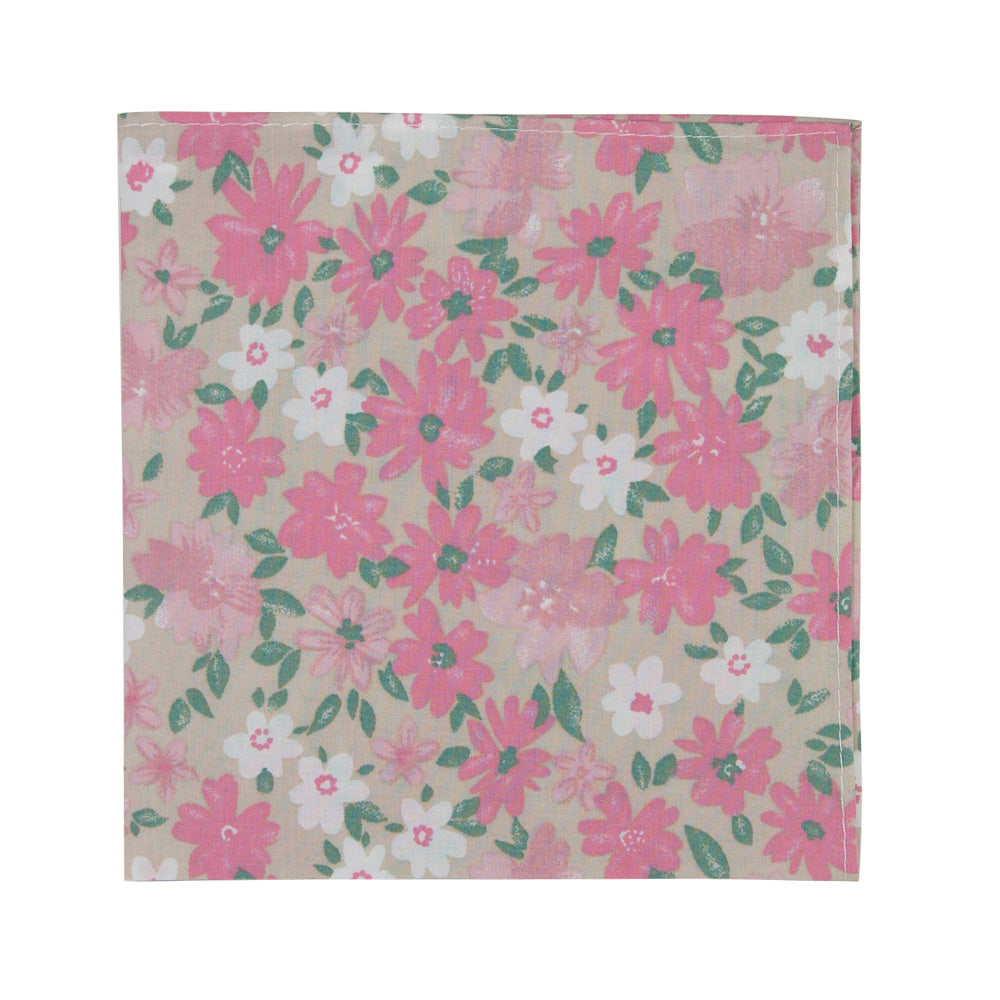 Pink Spice Pocket Square. Tan champagne background with medium sized blush pink and mauve pink flowers, small white flowers, and small green leaves throughout.
