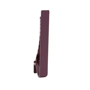 Solid plum metal tie bar standing on one end.
