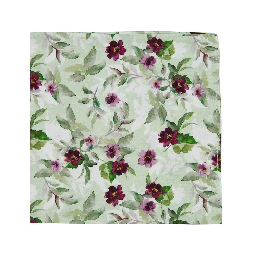Red Clover Pocket Square. Mint green background with burgundy flowers and sage green leaves throughout.