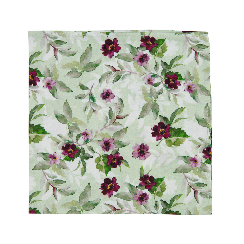 Red Clover Pocket Square. Mint green background with burgundy flowers and sage green leaves throughout.