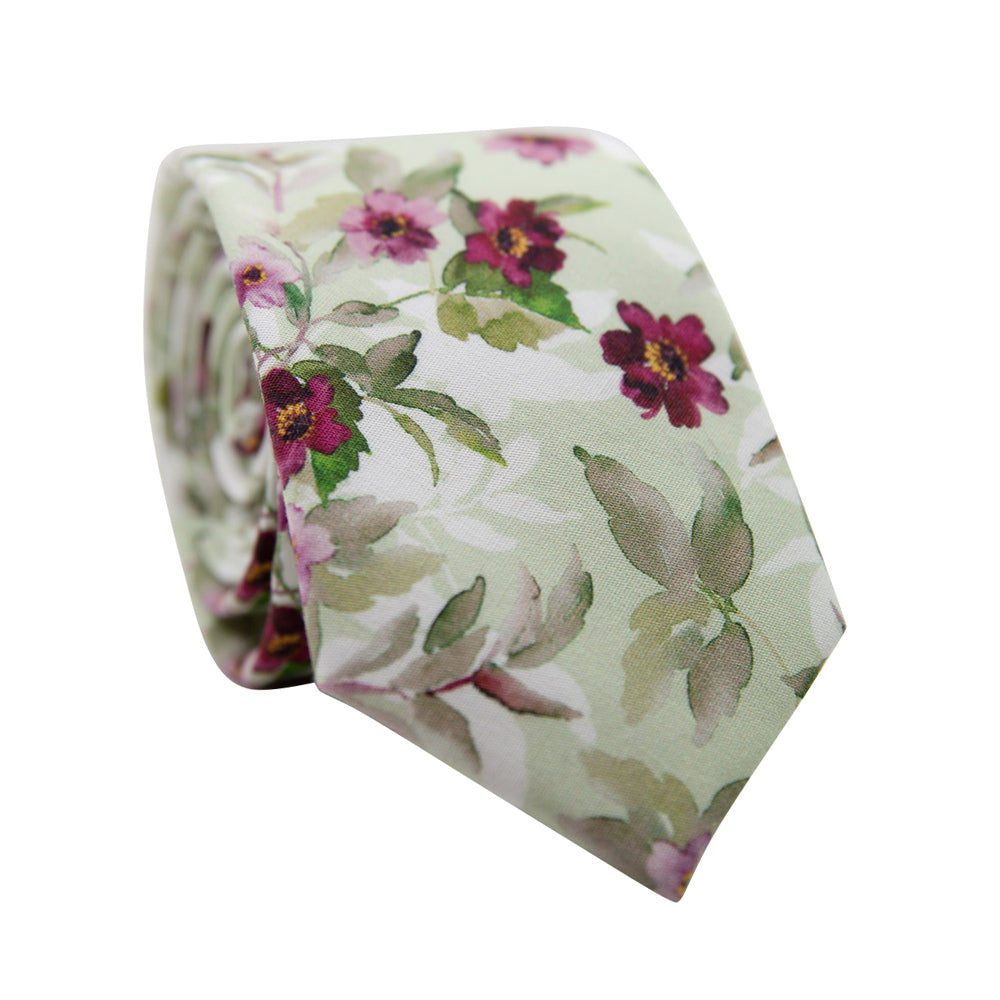Red Clover Skinny Tie. Mint green background with burgundy flowers and sage green leaves throughout.