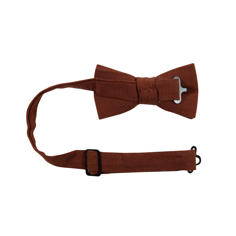 Rust Pre-Tied Bow Tie with adjustable neck strap. Solid burnt red/orange textured fabric.