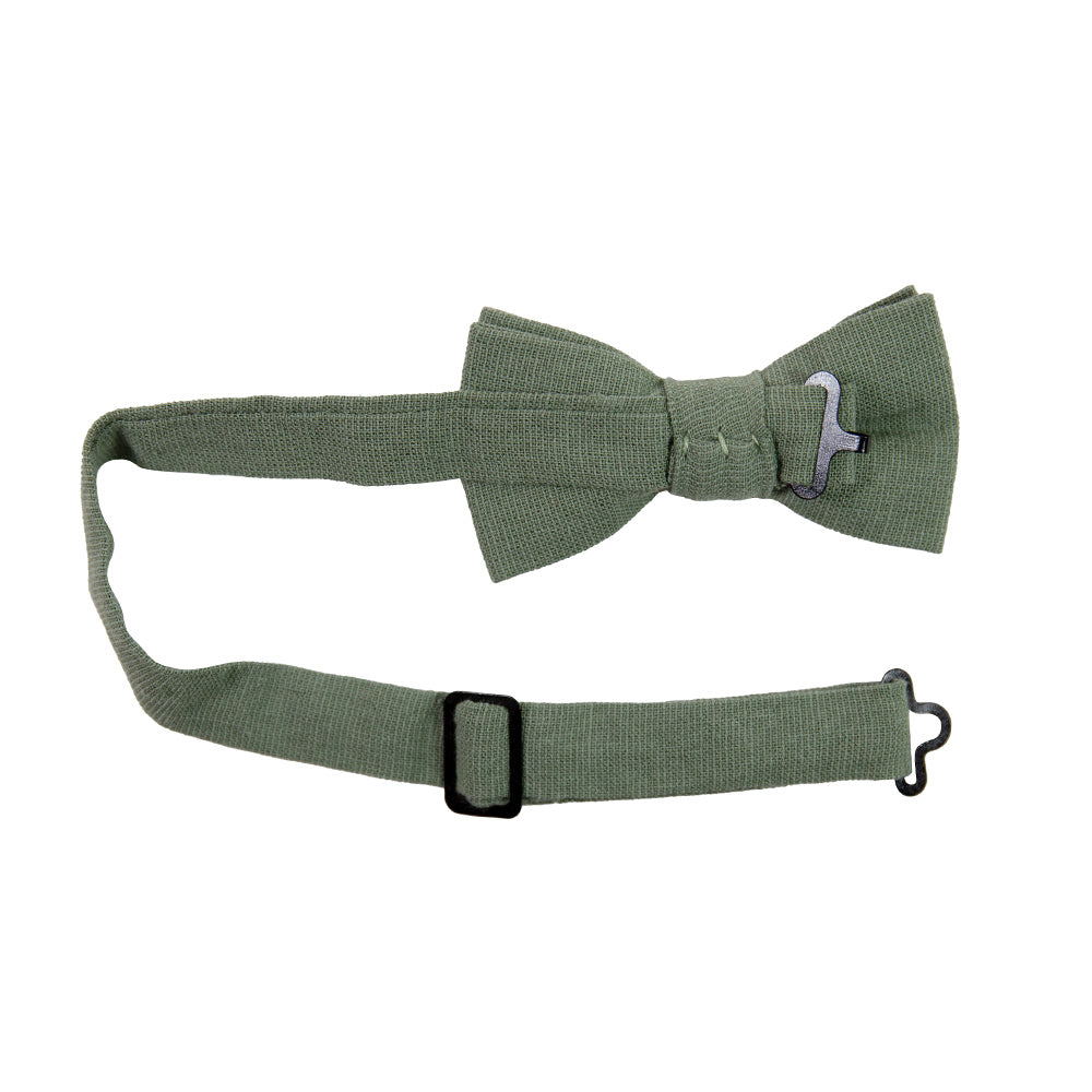 Sage Pre-Tied Bow Tie with adjustable neck strap. Solid sage green textured fabric.