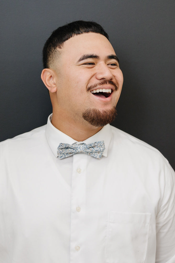 Scorpion Grass pre-tied bow tie worn with a white shirt.