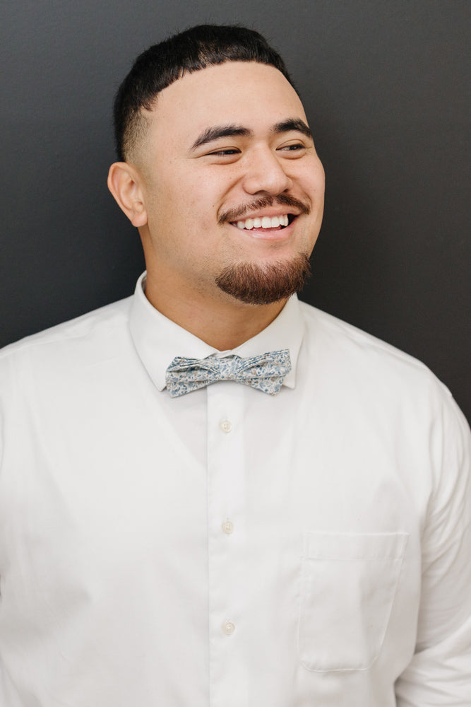 Scorpion Grass pre-tied bow tie worn with a white shirt.