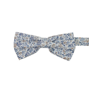 Scorpion Grass Floral Pre-Tied Bow Tie. White background with small dusty blue and tan flowers throughout.