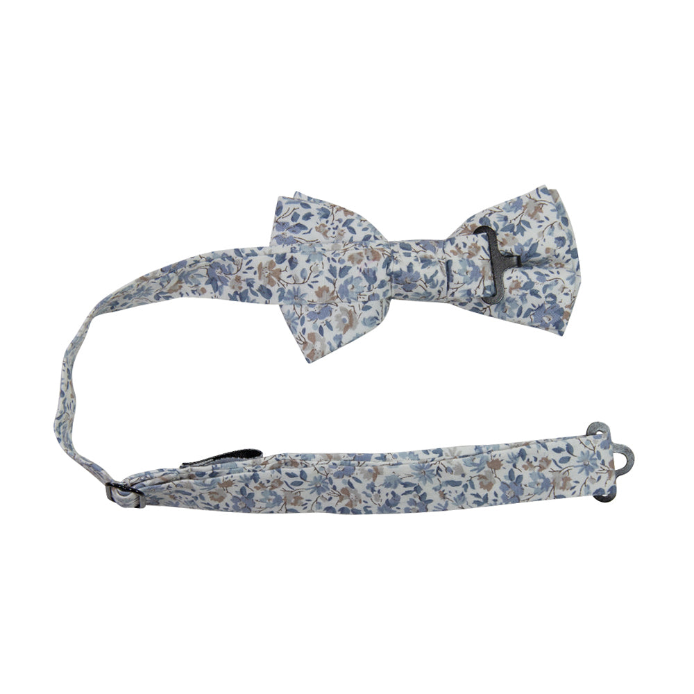 Scorpion Grass Floral Pre-Tied Bow Tie with adjustable neck strap. White background with small dusty blue and tan flowers throughout.