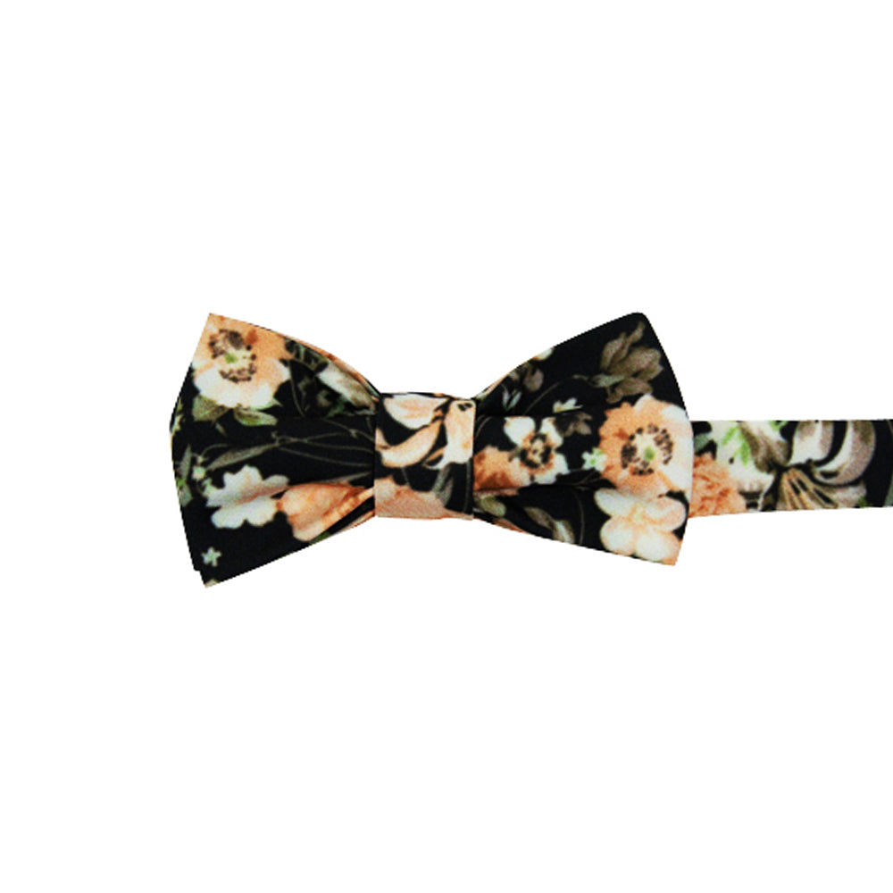 Secret Garden Pre-Tied Bow Tie. Black background with light orange flowers, white and gray flowers, and green leaves.