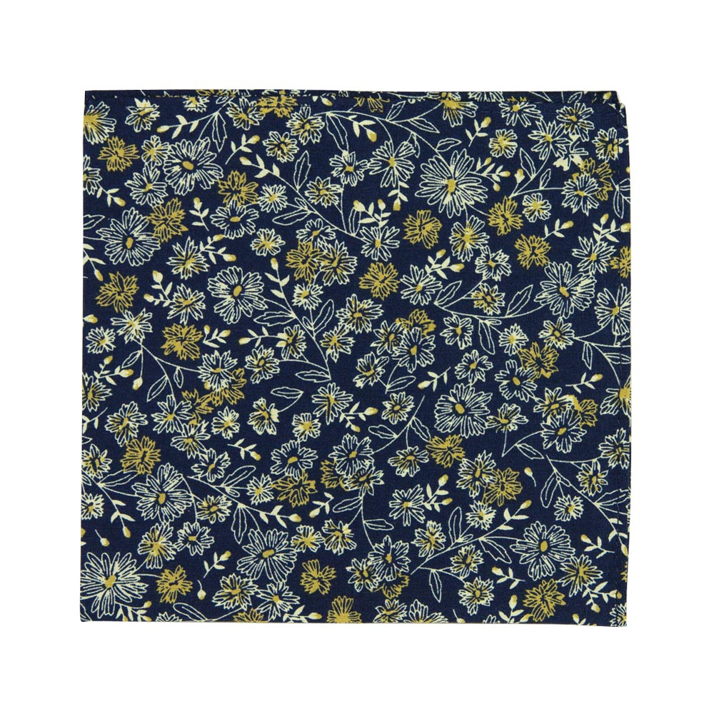 Senna Pocket Square. Navy blue background with small white and gold flowers throughout.