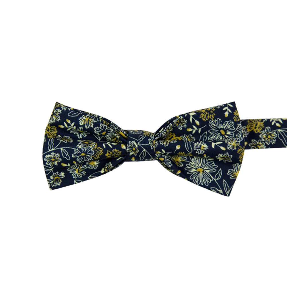 Senna Pre-Tied Bow Tie. Navy blue background with small white and gold flowers throughout.