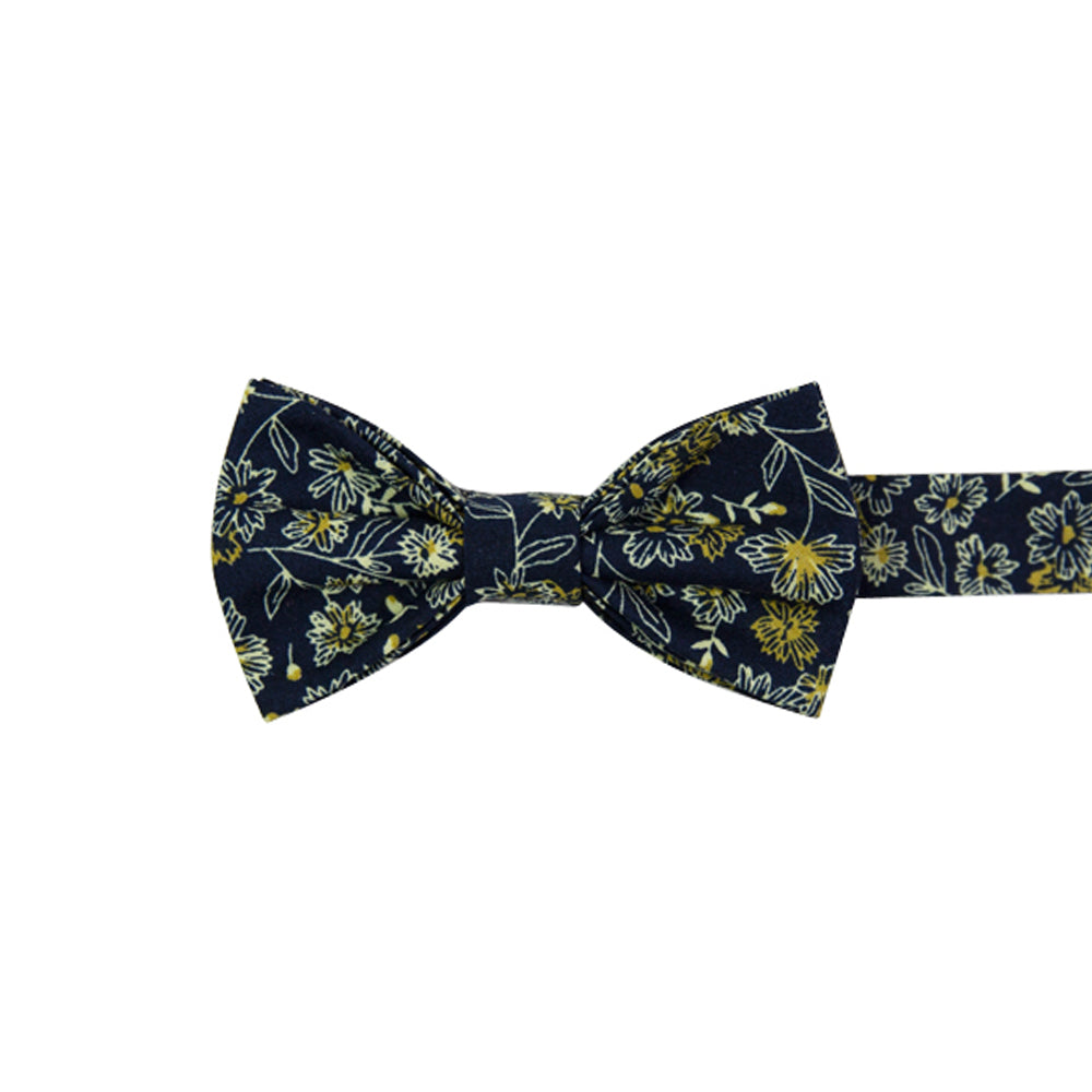 Senna Pre-Tied Bow Tie. Navy blue background with small white and gold flowers throughout.
