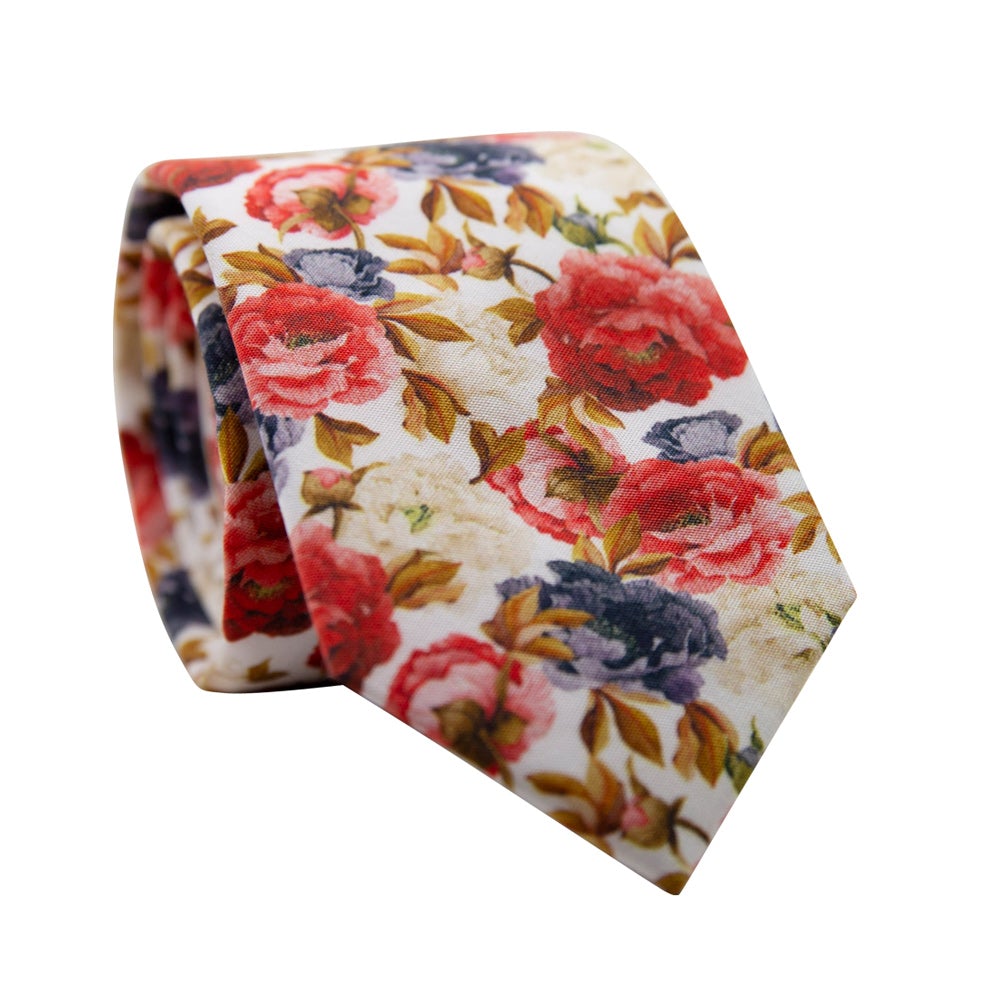 Silent Love Skinny Tie. White background with medium size red, navy and white flowers and brown/gold leaves.