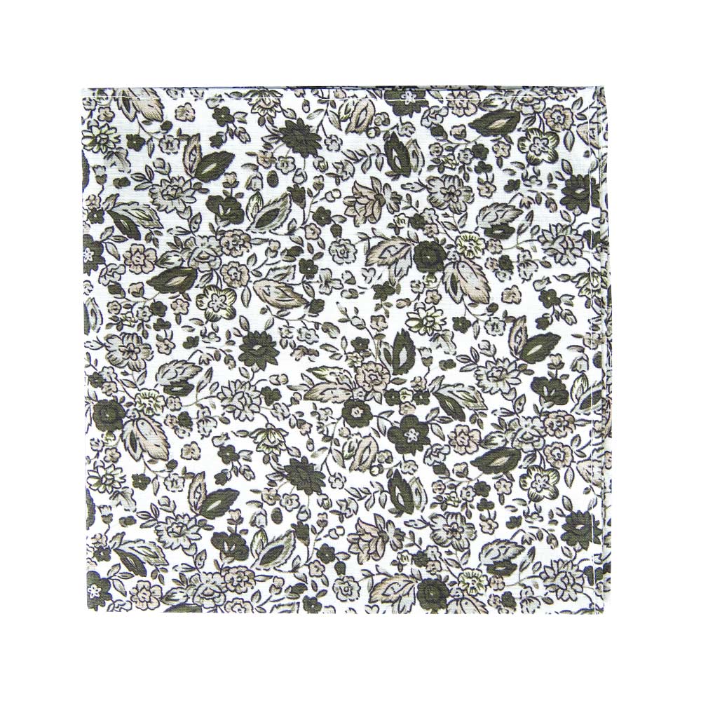 Silhouette Pocket Square. White background with gray, black and light tan flowers and leaves.