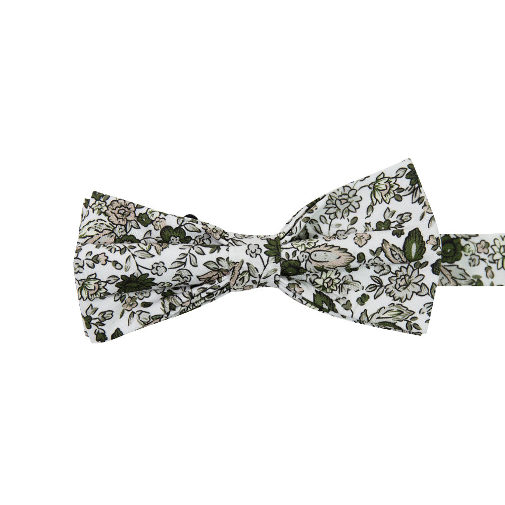 Silhouette Pre-Tied Bow Tie. White background with gray, black and light tan flowers and leaves.