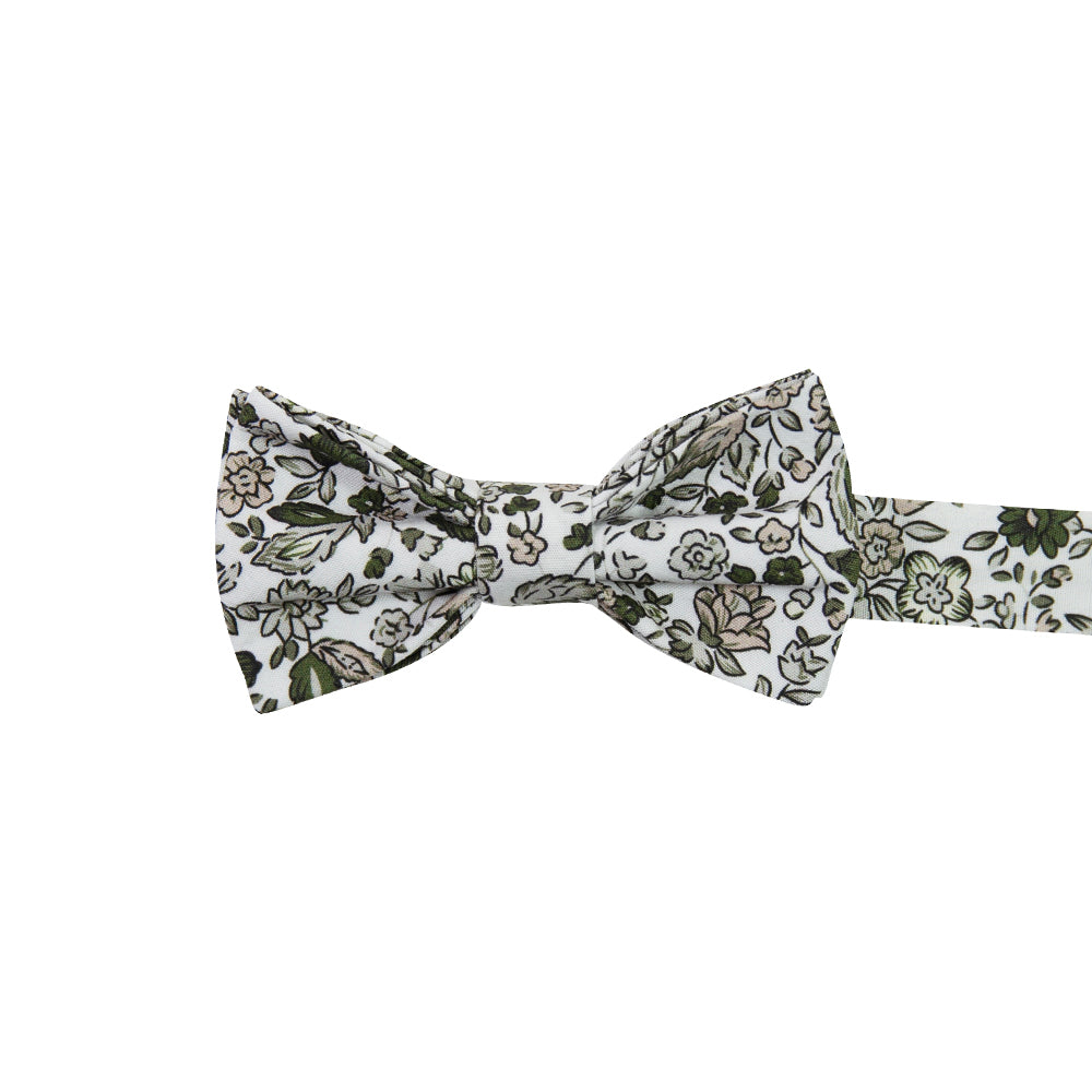 Silhouette Pre-Tied Bow Tie. White background with gray, black and light tan flowers and leaves.