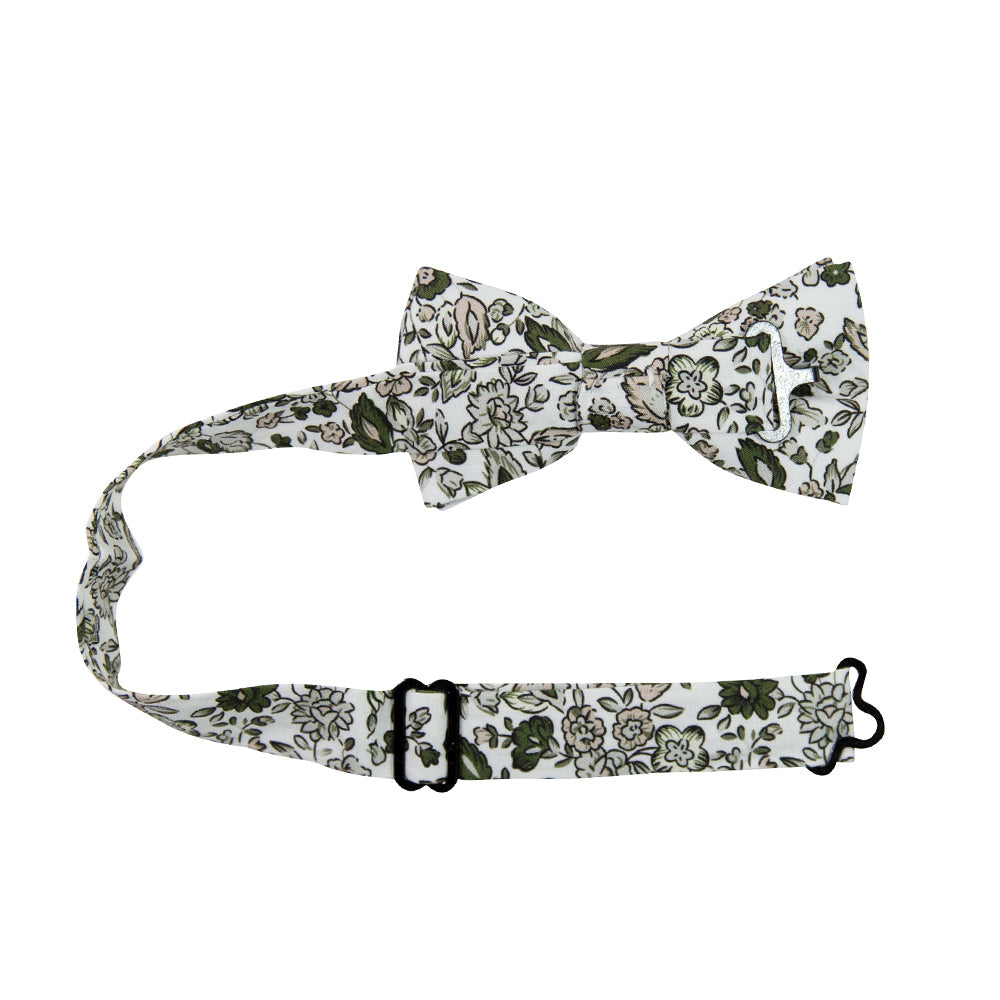 Silhouette Pre-Tied Bow Tie with Adjustable Neck Strap. White background with gray, black and light tan flowers and leaves.