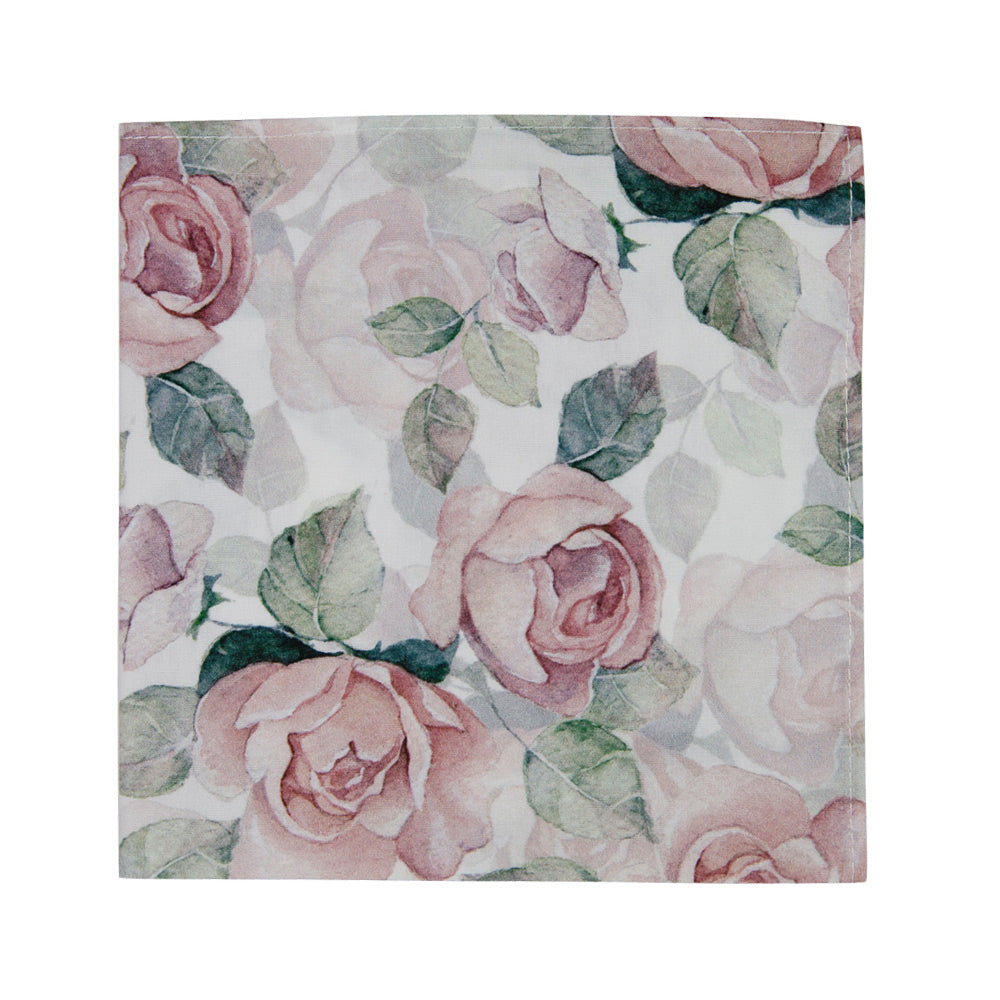 Smitten Pocket Square. White background with large blush pink flowers and sage green leaves.
