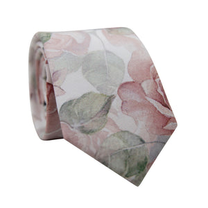 Smitten Skinny Tie. White background with large blush pink flowers and sage green leaves.