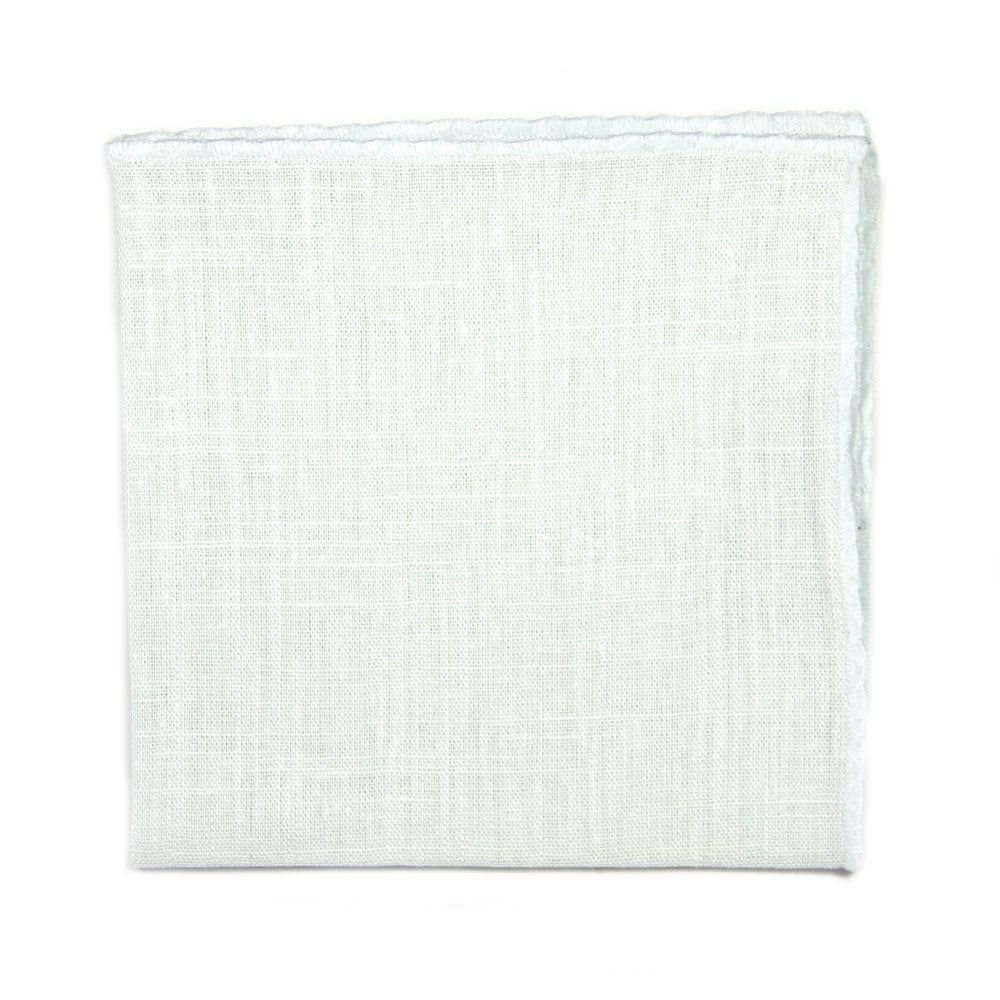 Solid White Pocket Square. Cotton linen blend textured fabric.