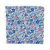 Spring Bloom Pocket Square. White background with blue and pink flowers and light turquoise vines and leaves.