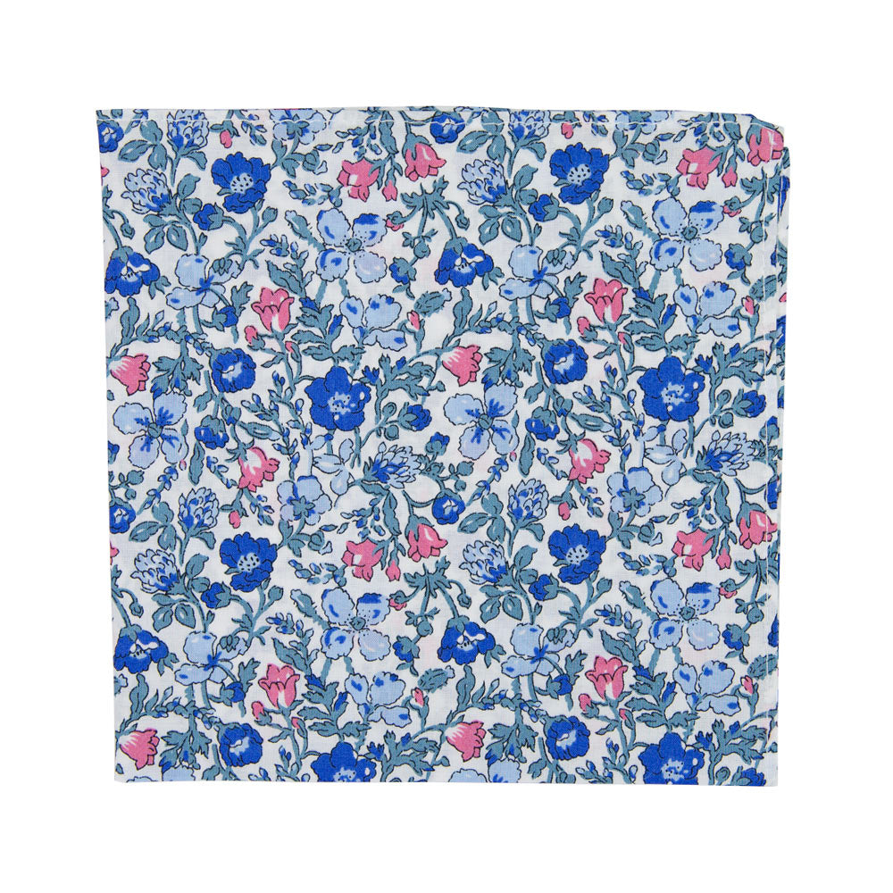 Spring Bloom Pocket Square. White background with blue and pink flowers and light turquoise vines and leaves.
