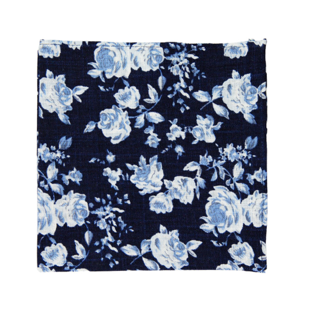 Star Gaze Pocket Square. Dark navy textured background with medium size white and dusty blue flowers. 