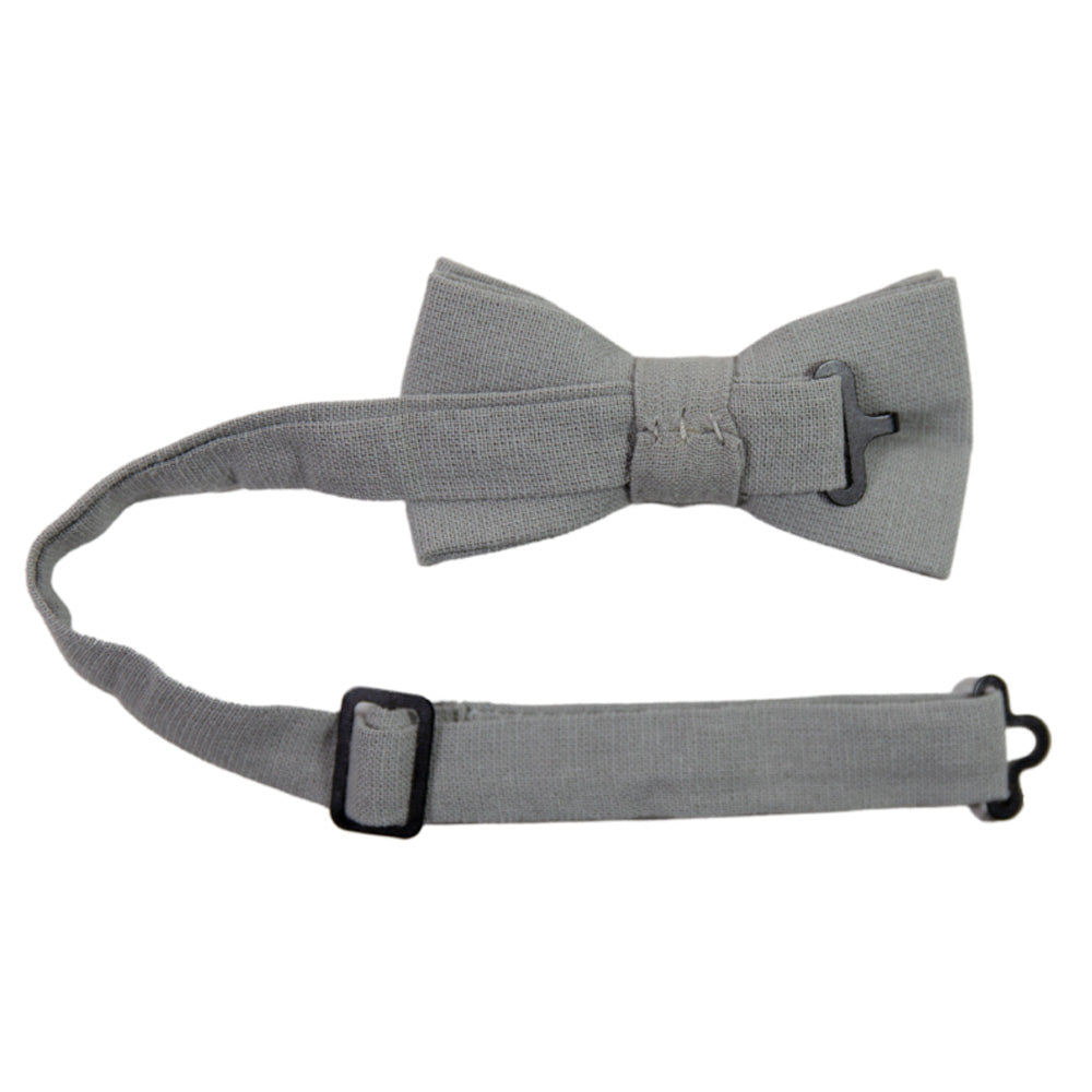 Stone Pre-Tied Bow Tie with adjustable neck strap. Solid light gray textured fabric.