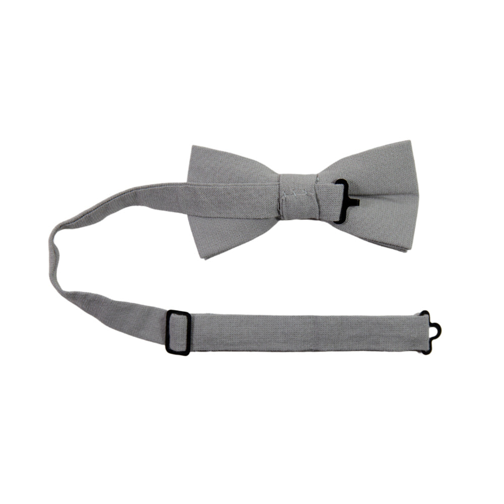 Stone Pre-Tied Bow Tie with adjustable neck strap. Solid light gray textured fabric.
