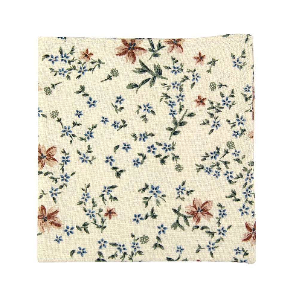 Sugar Blossom Pocket Square. Cream background with medium size mauve flowers, small dusty blue flowers, and sage green leaves.