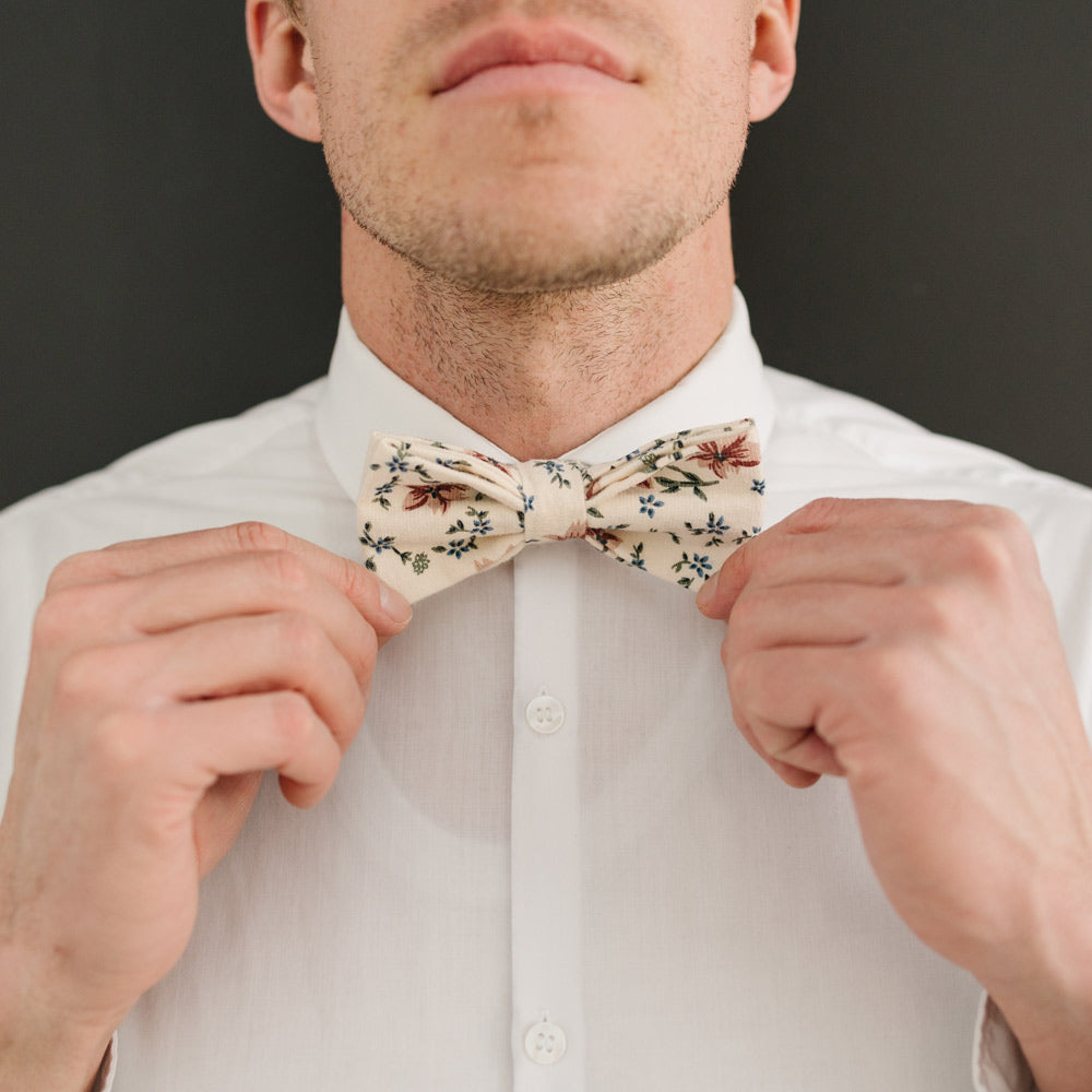 Sugar Blossom Pre-Tied Bow Tie worn with a white shirt.