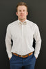Sugar Blossom Pre-Tied Bow Tie worn with a white shirt, brown belt and blue pants. 