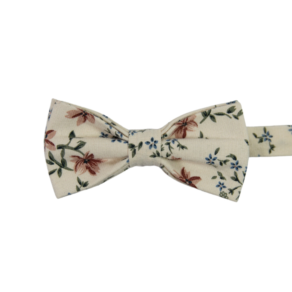 Sugar Blossom Pre-Tied Bow Tie. Cream background with medium size mauve flowers, small dusty blue flowers, and sage green leaves.