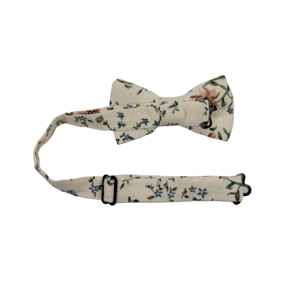 Sugar Blossom Pre-Tied Bow Tie with Adjustable Neck Strap. Cream background with medium size mauve flowers, small dusty blue flowers, and sage green leaves.