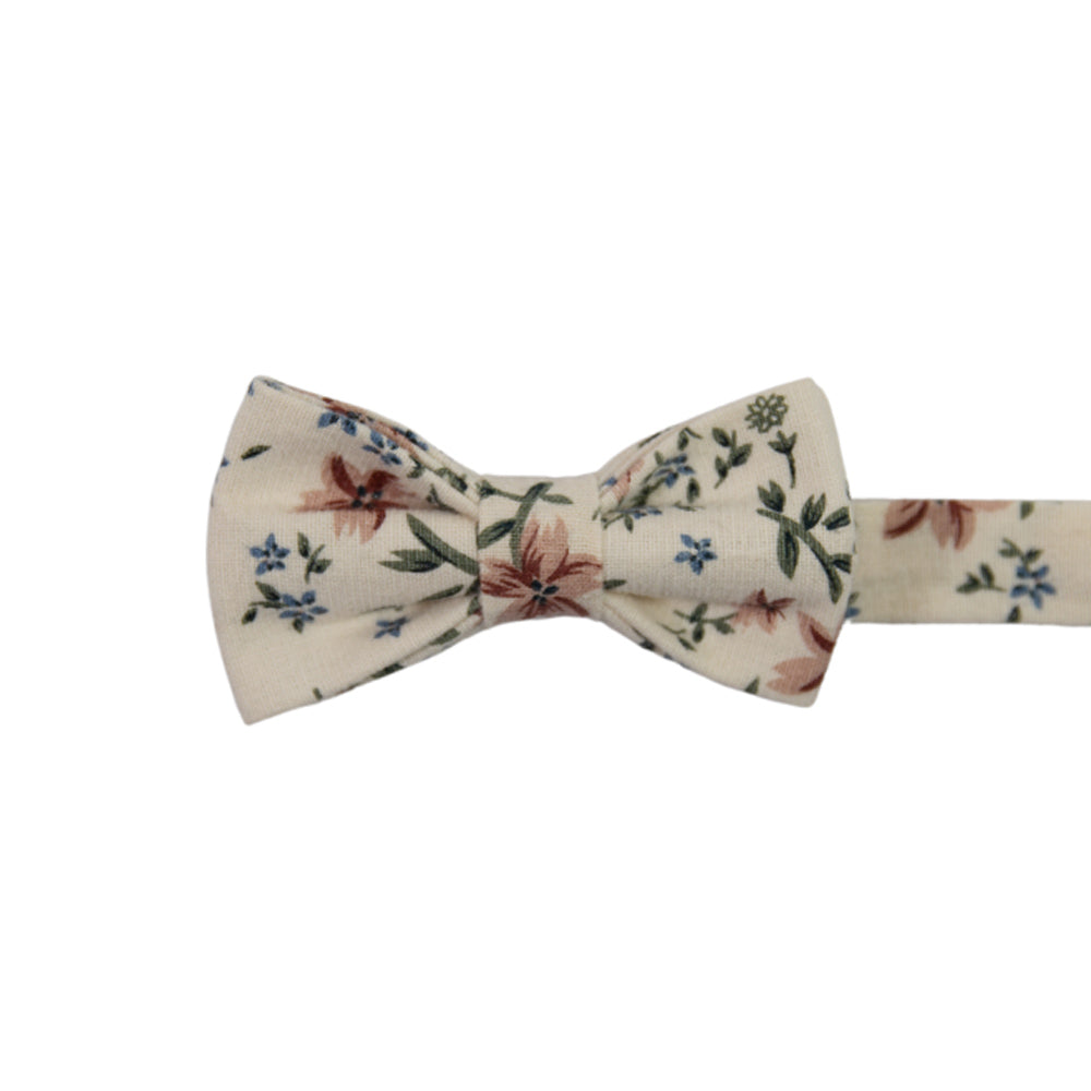 Sugar Blossom Pre-Tied Bow Tie. Cream background with medium size mauve flowers, small dusty blue flowers, and sage green leaves.