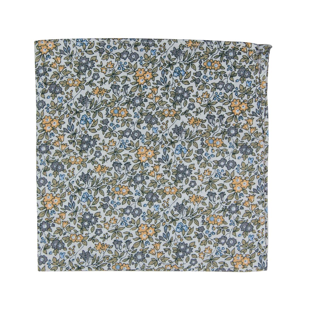 Sunny Meadow Floral Pocket Square. White background with yellow and gray flowers and tan leaves throughout.