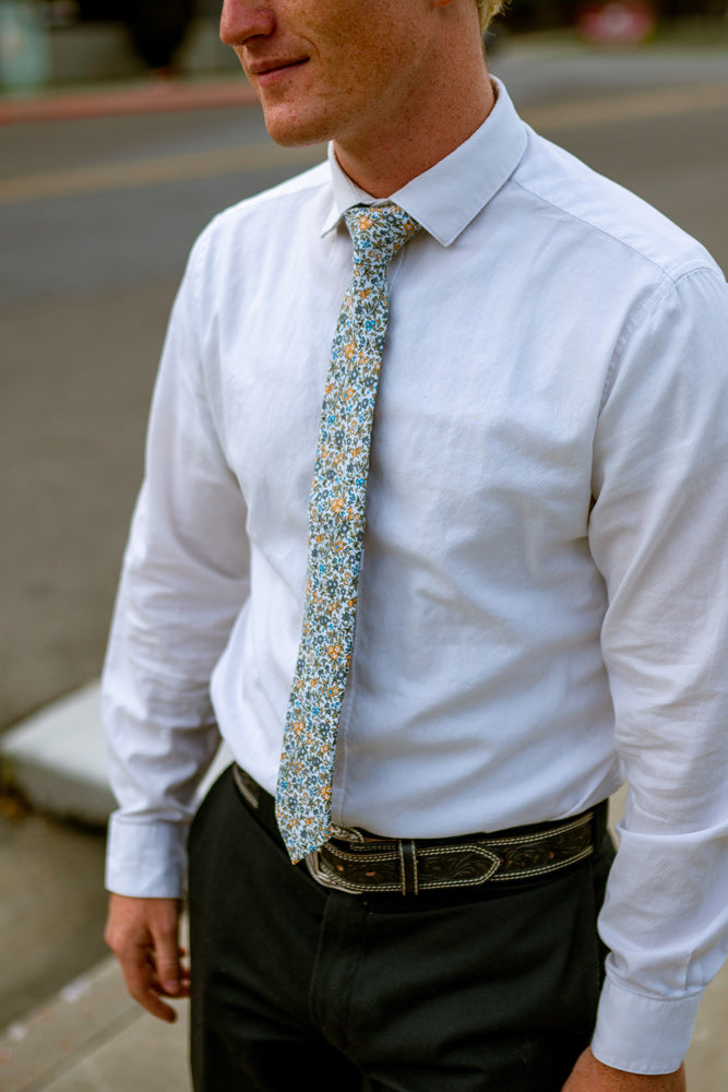 Sunny Meadow tie worn with a white shirt and black pants.