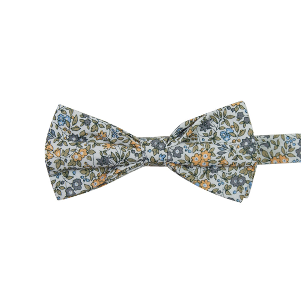 Sunny Meadow Floral Pre-Tied Bow Tie. White background with yellow and gray flowers and tan leaves throughout.