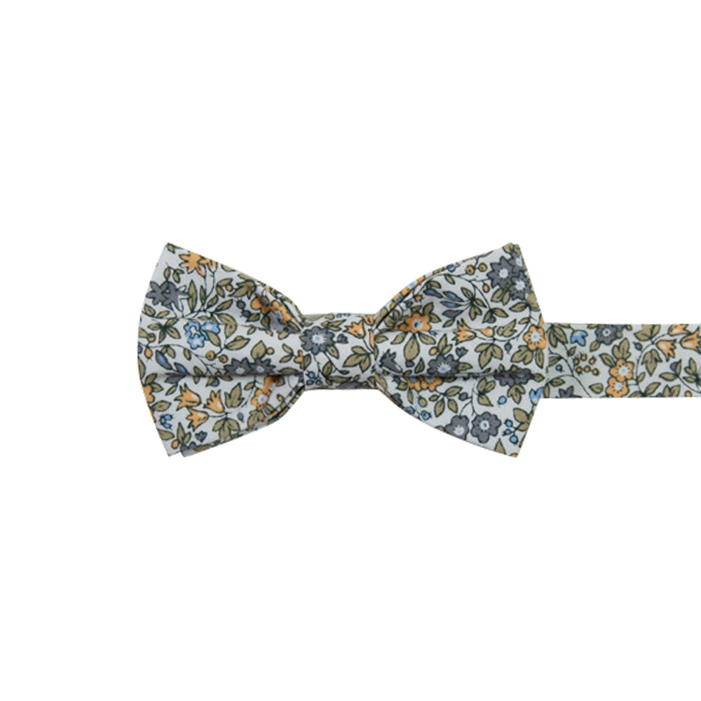 Sunny Meadow Floral Pre-Tied Bow Tie. White background with yellow and gray flowers and tan leaves throughout.