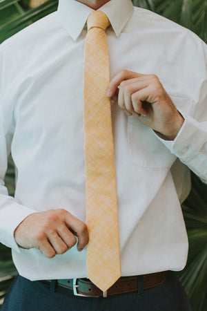 Sunset tie worn with a white shirt, brown belt and navy pants.