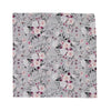 Sweet Pea Pocket Square. Light gray background with groups of white, blush and burgundy flowers and black and gray stems and leaves.