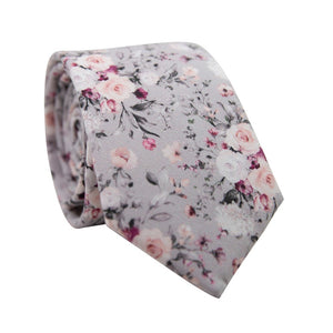 Sweet Pea Skinny Tie. Light gray background with groups of white, blush and burgundy flowers and black and gray stems and leaves.