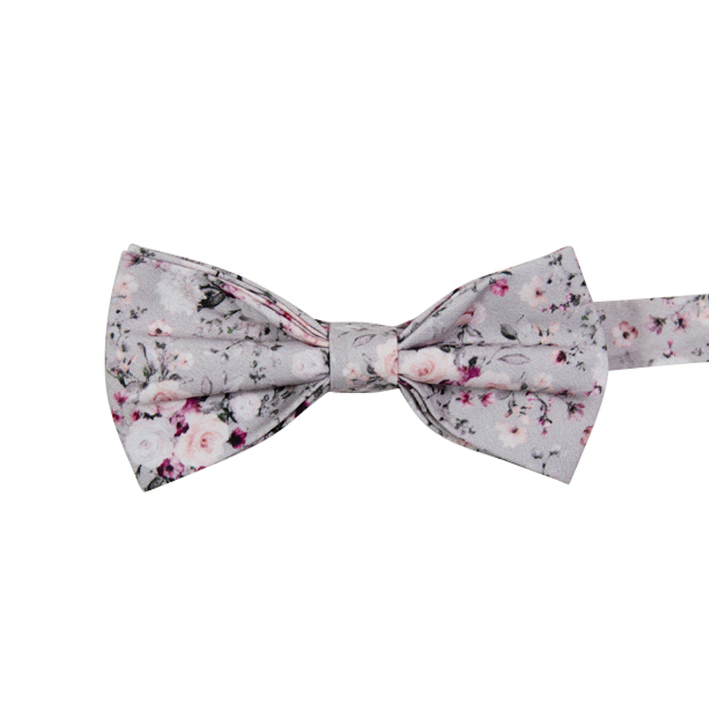 Sweet Pea Pre-Tied Bow Tie. Light gray background with groups of white, blush and burgundy flowers and black and gray stems and leaves.