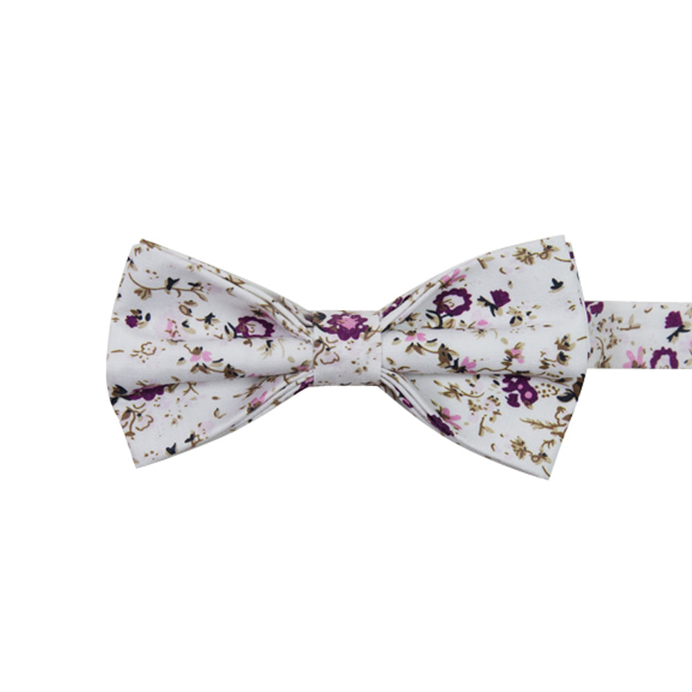 Sweetly Picked Pre-Tied Bow Tie. White background with light and dark purple small flowers, brown vines.
