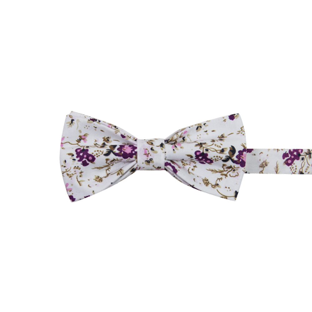 Sweetly Picked Pre-Tied Bow Tie. White background with light and dark purple small flowers, brown vines.