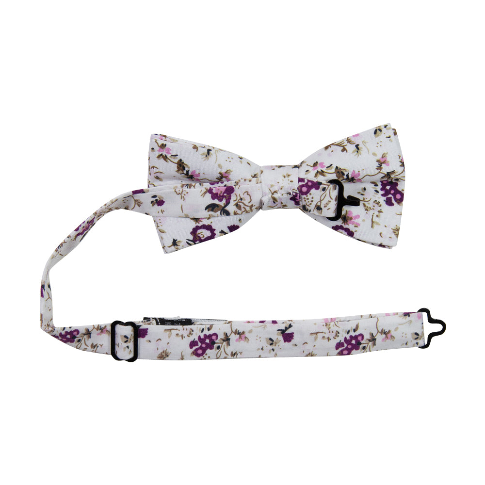 Sweetly Picked Pre-Tied Bow Tie with adjustable neck strap. White background with light and dark purple small flowers, brown vines.