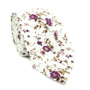 Sweetly Picked Skinny Tie. White background with light and dark purple small flowers, brown vines.