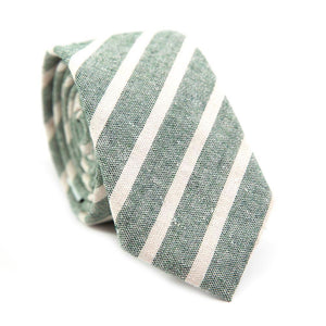 Ranger Skinny Tie. Sage green textured fabric with thin white diagonal stripes.