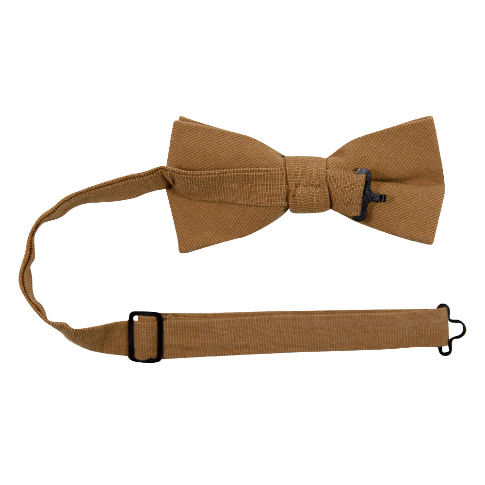 Timber Pre-Tied Bow Tie with adjustable neck strap. Solid brown/orange textured fabric.
