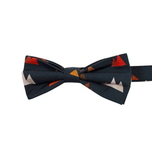 Utah Pre-Tied Bow Tie. Navy background with small triangle mountain shapes in gray, orange and brown.